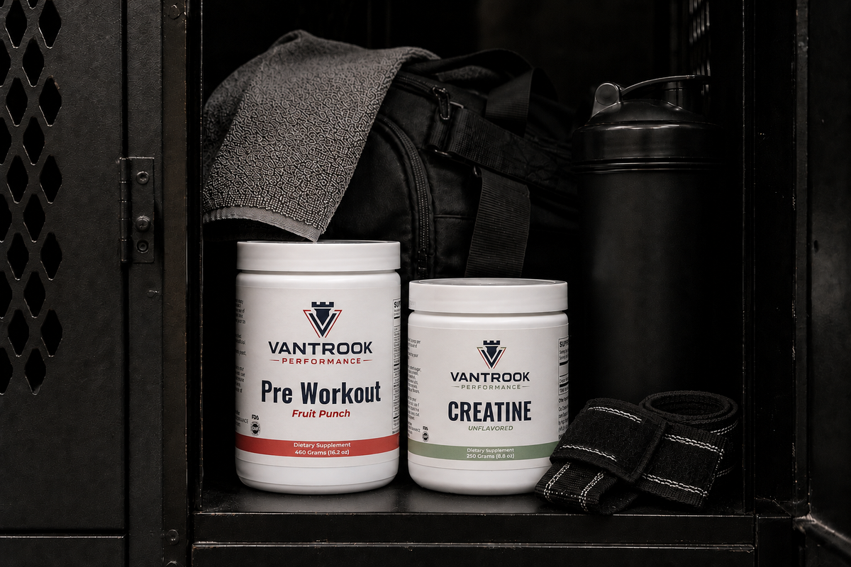 VANTROOK Pre-Workout and Creatine in a training locker