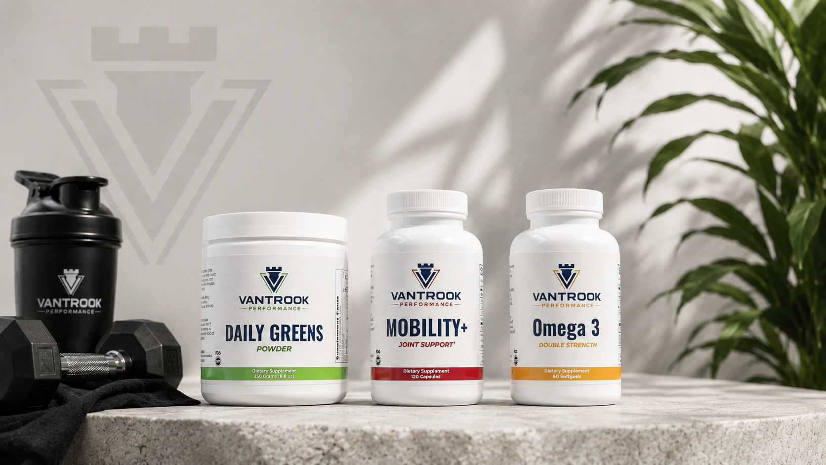 VantRook Daily Greens, Mobility Plus, and Omega 3 supplements in a bright training space
